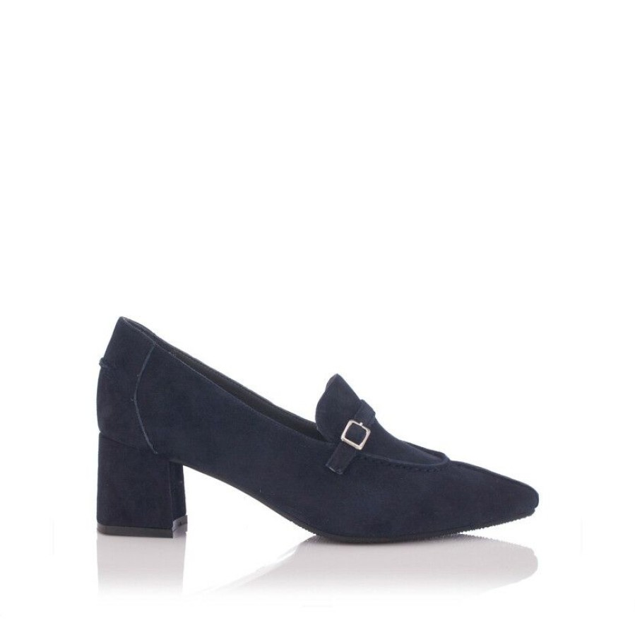 * Block Heel Pointed Toe Shoes Grazia Suede Deep Blue | Heels